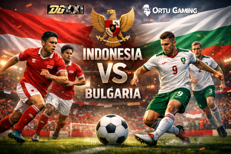 Ilustrasi pertandingan Indonesia vs Bulgaria dengan suasana stadion penuh suporter