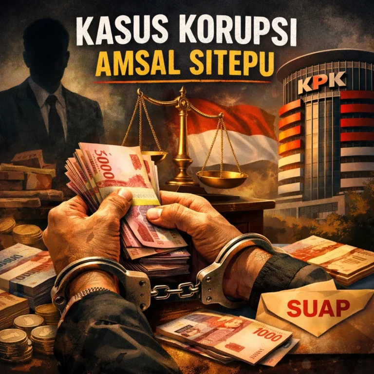 Ilustrasi kasus korupsi Amsal Sitepu dengan simbol uang, borgol, dan keadilan