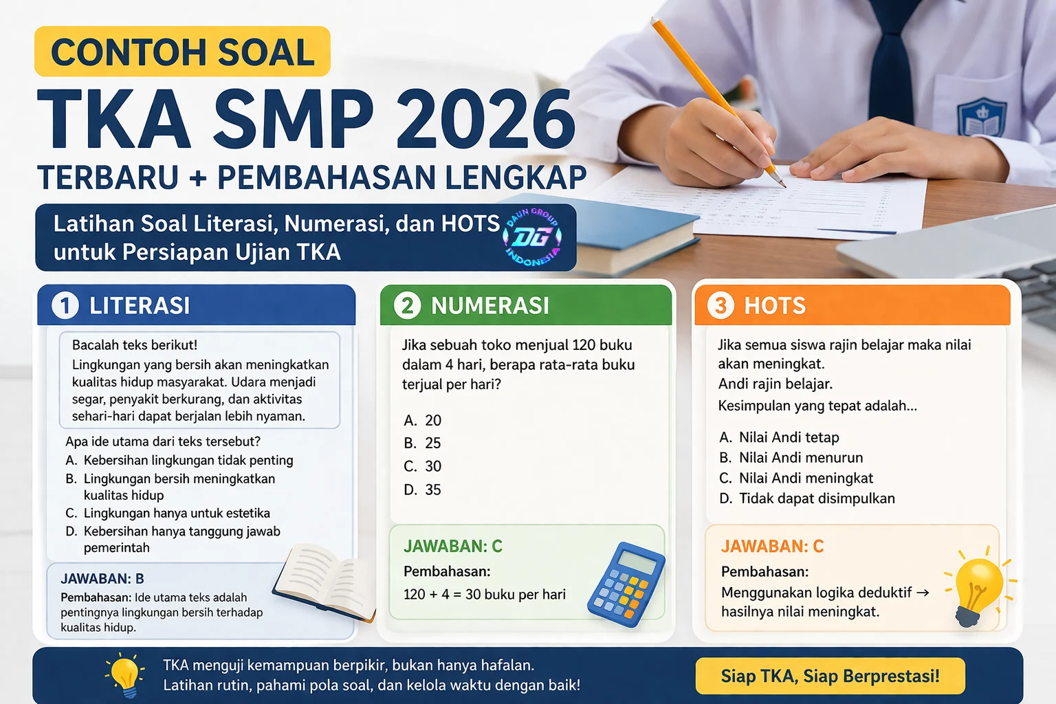 Contoh soal TKA SMP 2026 lengkap dengan pembahasan literasi numerasi dan HOTS