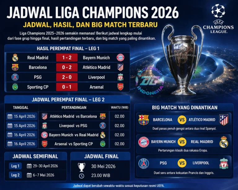 jadwal liga champions 2026 lengkap hasil perempat final leg 1 dan jadwal leg 2 semifinal final