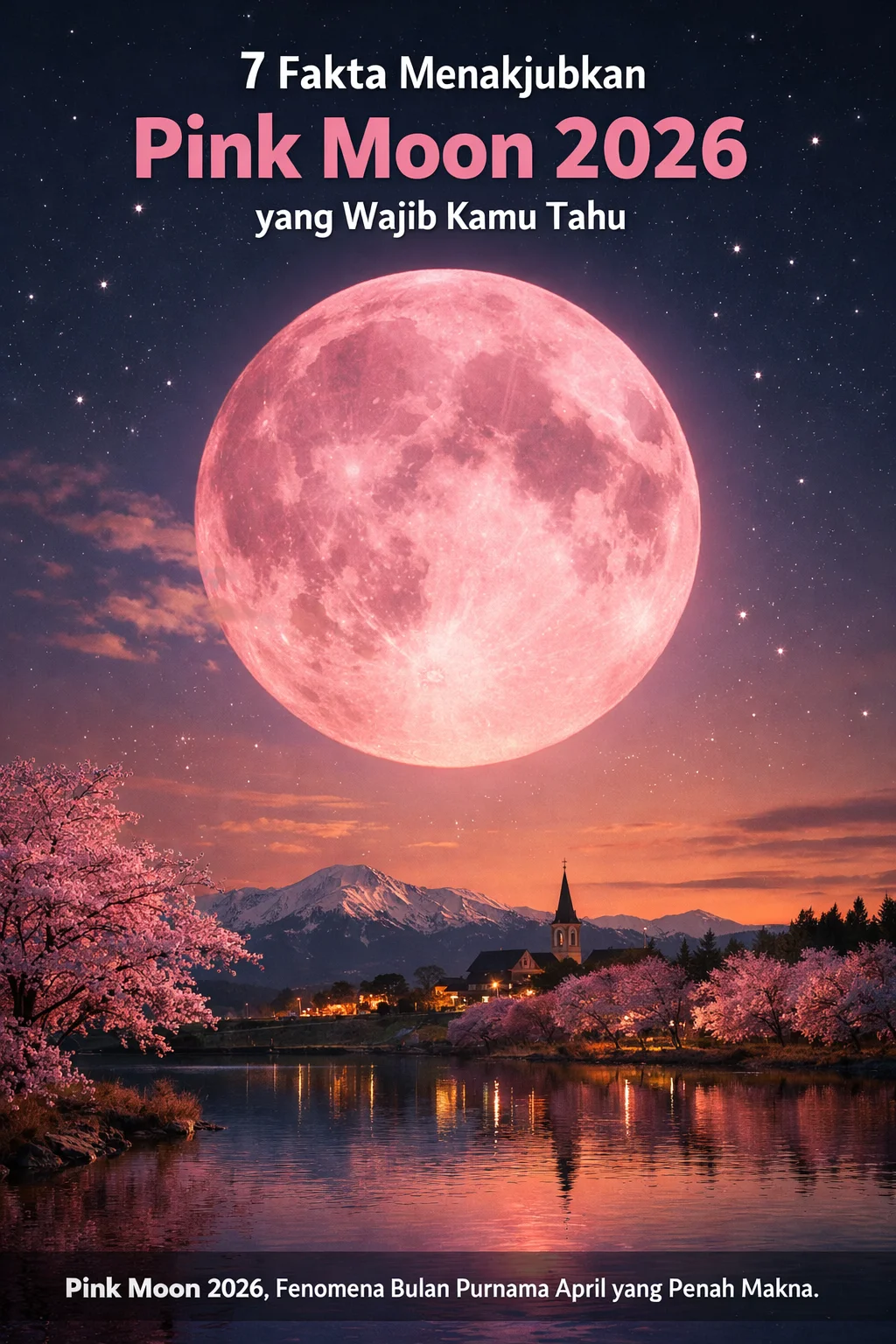 Pink Moon 2026 terlihat di langit malam dengan cahaya bulan purnama April yang terang di atas horizon